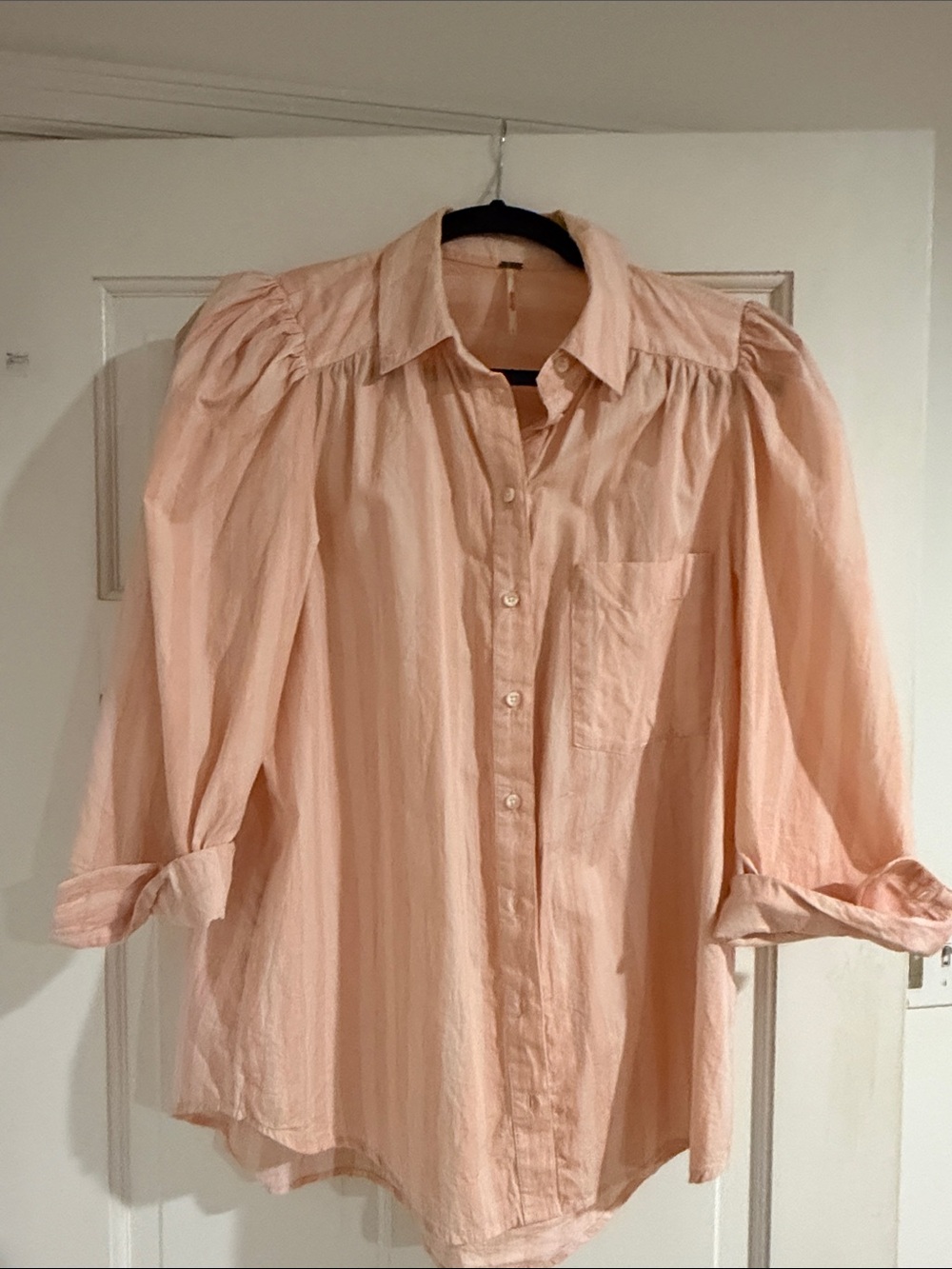 Free People Peach Button-Down Puff Sleeve Shirt